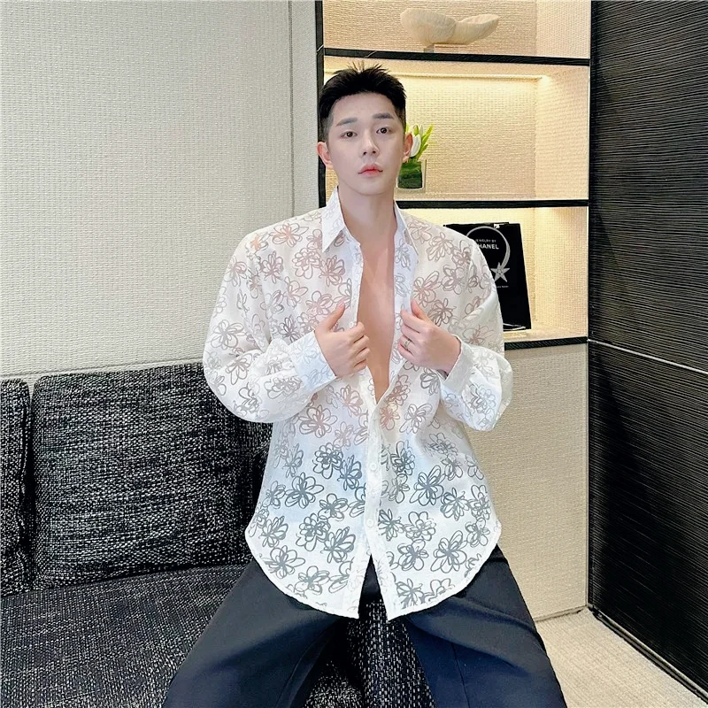 Performance shirt man Summer New Trendy Sexy Hollow Out Lace See Through Loose Casual Shirt Unisex Music Festival Streetwear