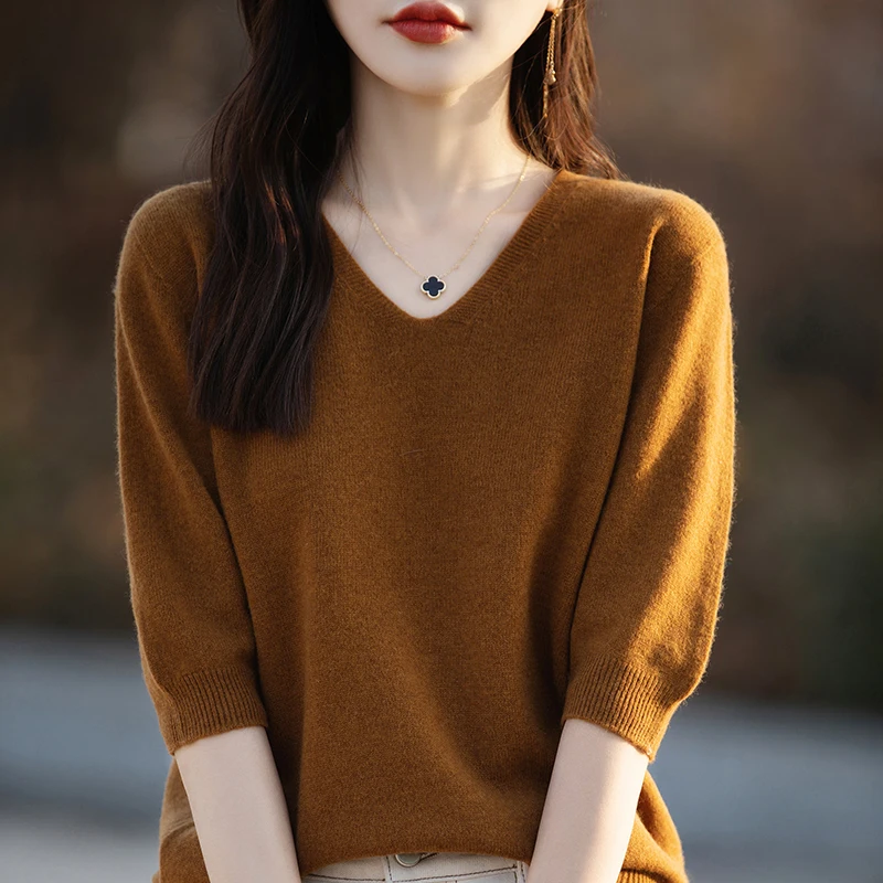 Spring and Autumn Pullover V-neck Sweater with Sleeves to Cover Belly Loose Knitted Bottom Shirt Simple Wool Plus Size Top