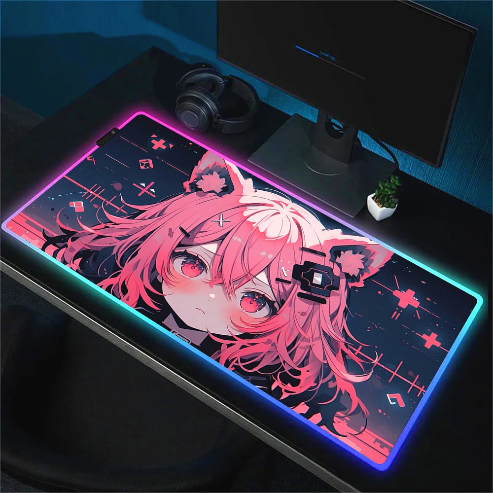 Imagem -05 - Anime Kawaii Menina Mouse Pad Rgb Luminescência Gaming Mousepad Led Cor Luz Bloqueio Bonito Tapete de Mesa Teclado Jogo Grande Tapete