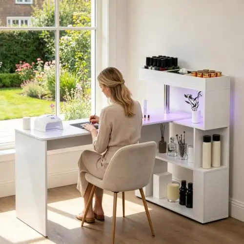 LED Manicure Table, L-Shaped Nail Tech Desk with Dust Collector, Reversible Rotating Table Built in Charging Station