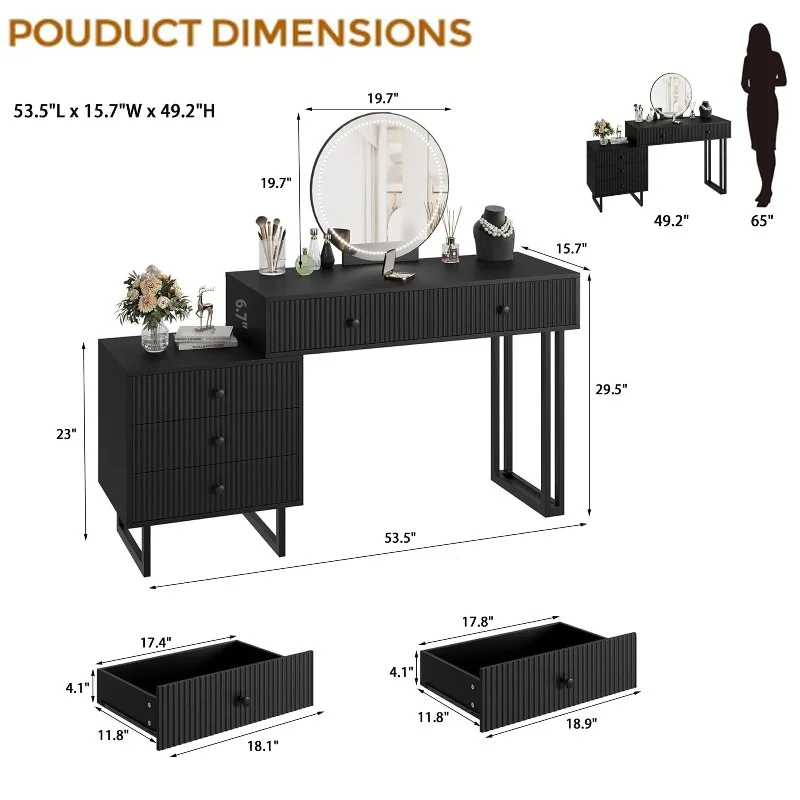 Modern Black Makeup Vanity Desk with Mirror and Lights, Vanity Table with 3 Color Adjustable Brightness, 5 Drawers for