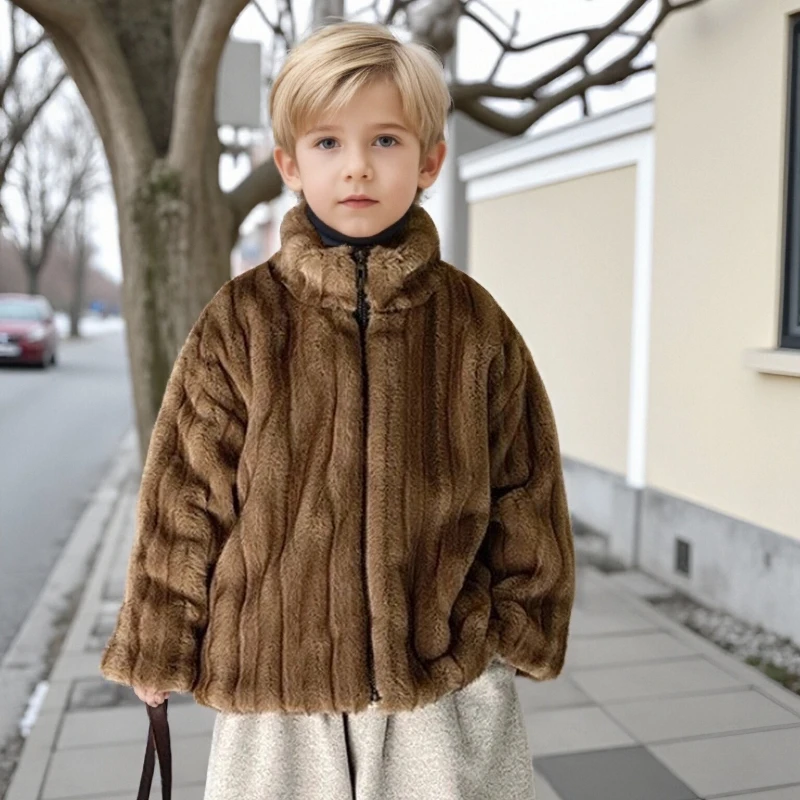 

Kids Faux Mink Fur Coat Winter Thicken Warm Parka Jacket for Teen Boys Fashion Stand Collar Windproof Children Puffer Outerwea