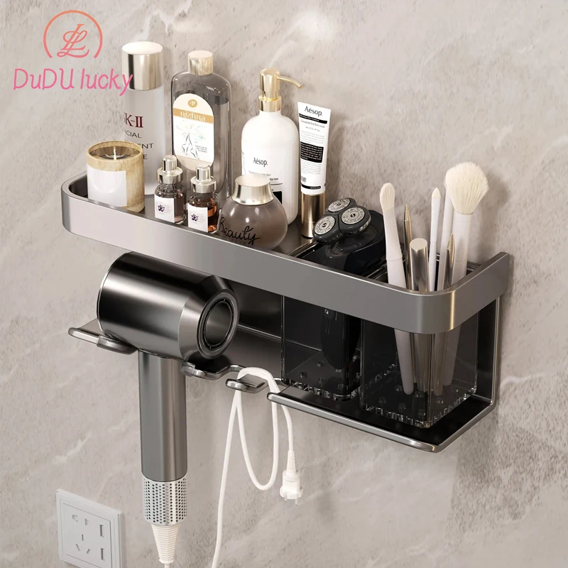 Aluminum Alloy Hair Dryer Storage Rack, No Drilling, Wall Mounted, Hair Dryer Holder, Bathroom Shelf, 2 in 1