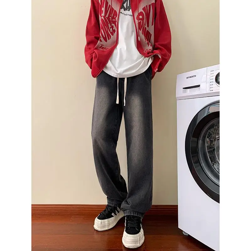 Vintage Blue Jean Pants Men Hip Hop Denim Trousers Male Streetwear Fashion Elastic Waist Autumn Retro Casual Straight Jeans