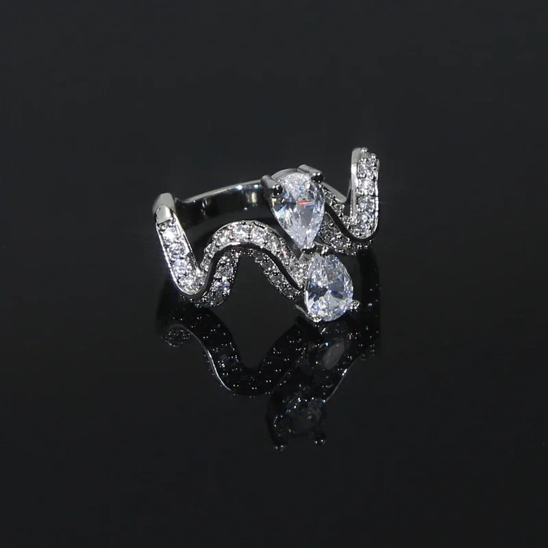 New Arrived Fashion Women Finger Jewelry Open Adjusted Big Sparking Tear Drop CZ Paved Wave Band Rings