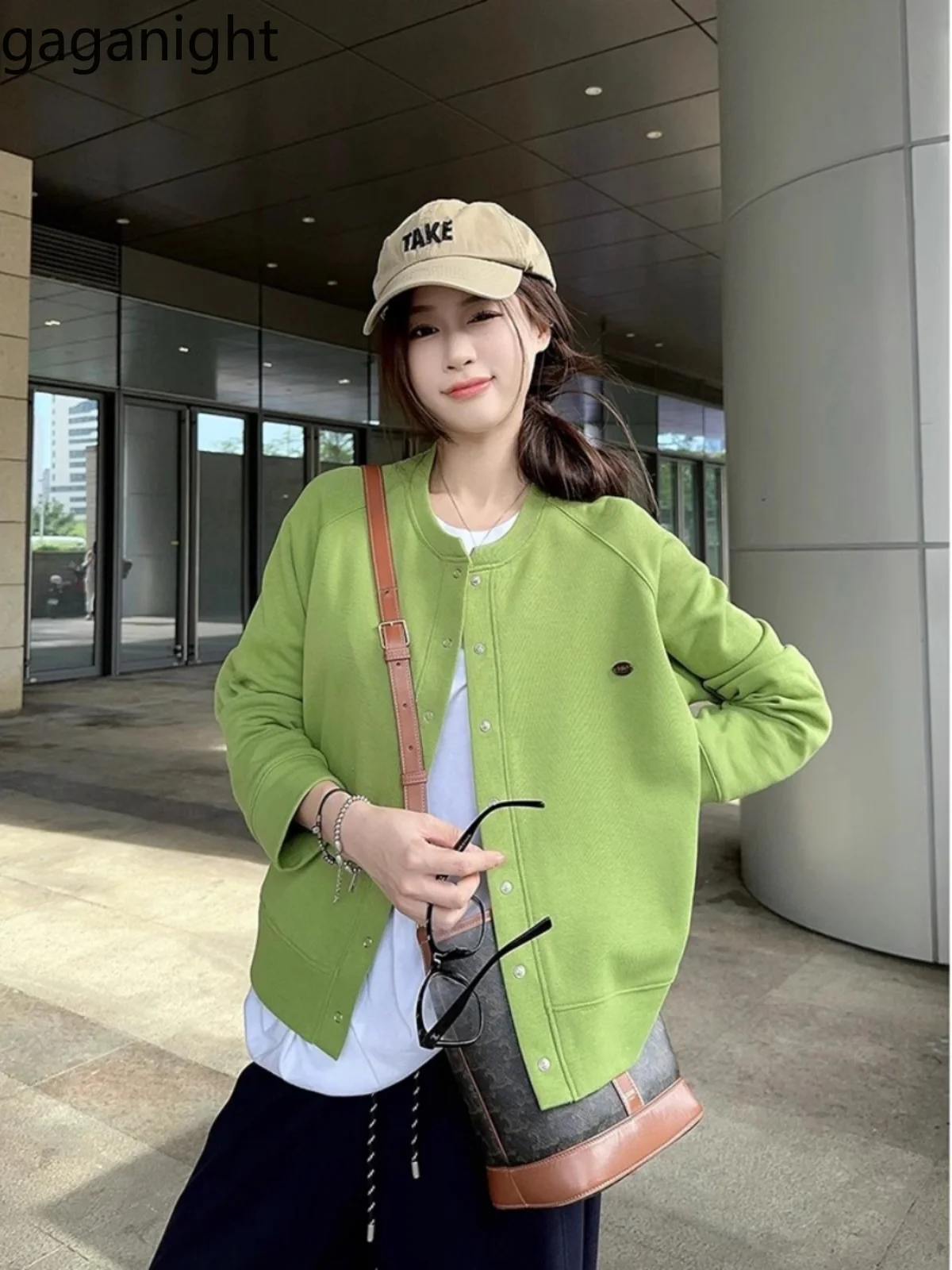 

Gaganight Women Avocado Green Short Long Sleeved Sweatshirt Jacket 2024 Women's Autumn New Style High end Small Loose Casual Top