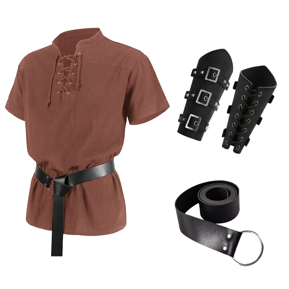 

Halloween Men Renaissance Pirate Lace Up Shirts Blouse Medieval Viking Cosplay Tunic Knight Costume With Arm Guards Belt