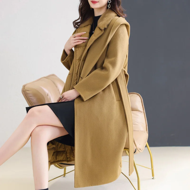 2024 Lady Winter Wool Coats Elegant Natural Fur Long Trench Coats Women Mink Fur Collar Down Coats