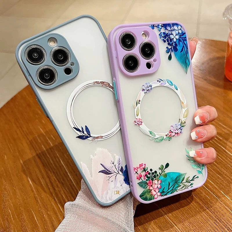 Luxury Flower Pattern Case For iPhone 16 13 15 Pro Max 14 12 Pro 11 Shockproof For Magsafe Charging Iron Ring Matte Phone Cover