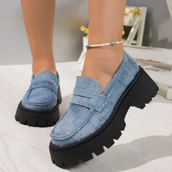 Autumn New Platform Single Shoes Women Fashion Round Head Denim Sequin Slip-on Comfortable Chunky Heels