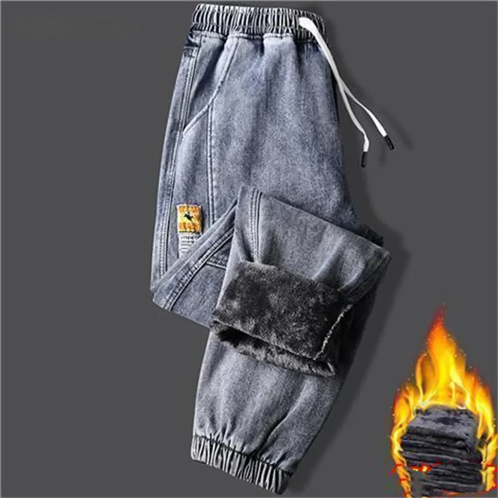 New Men\'s jeans Winter Fleece Jeans Thick Warm Denim Pants Men Streetwear Black Joggers Harem Jean Thermal Trousers pants men