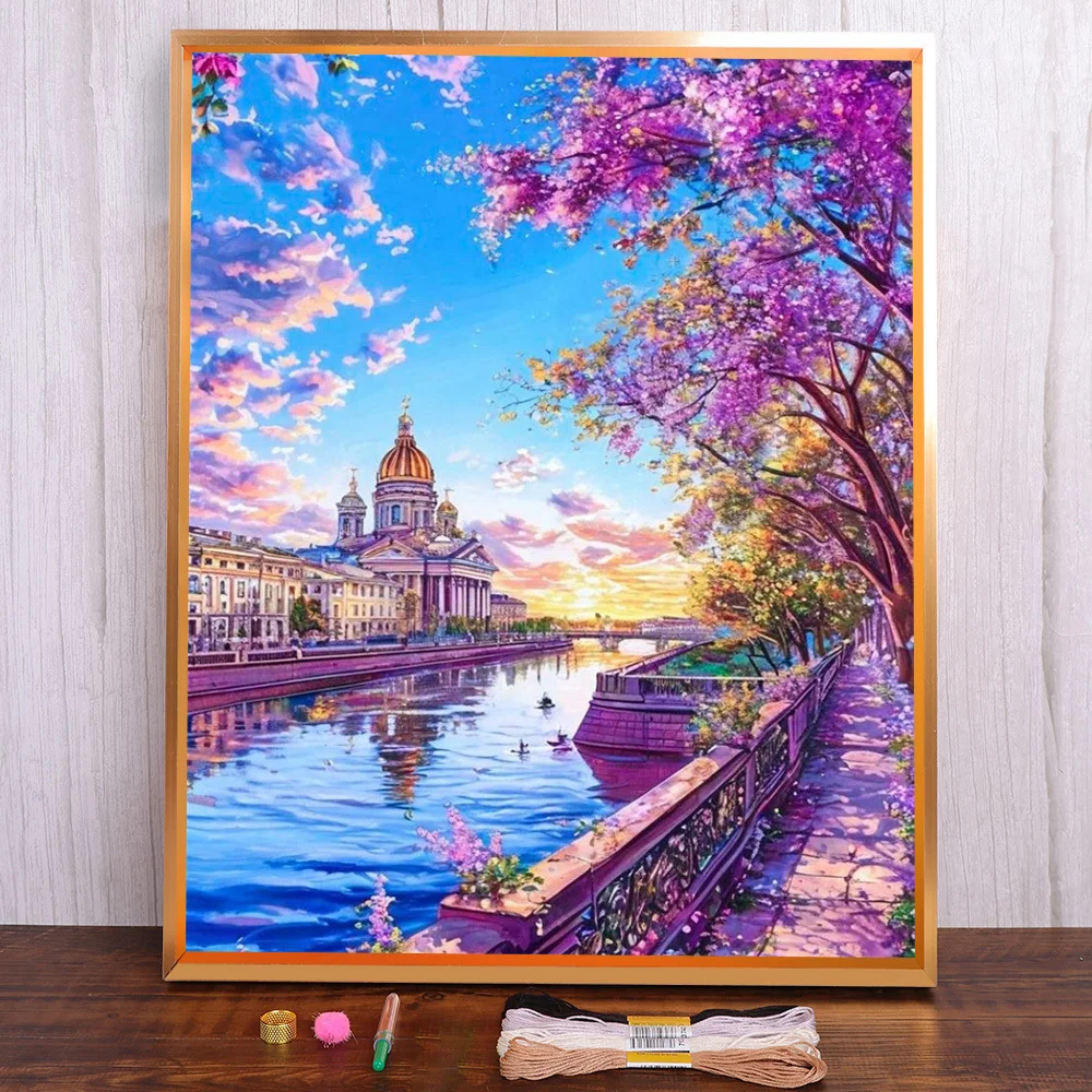 

Landscape Palace By River Printed Cross-Stitch Set DIY Embroidery Painting Hobby Knitting Needlework For Adults Different Needle