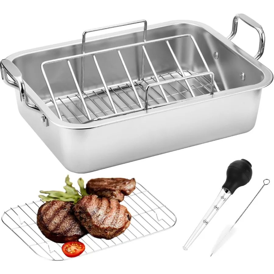 

15 Inch Stainless Steel Roasting Pan with VShaped Rack and Turkey Baster Rectangular Roaster for Turkey Chicken Vegetables Fits