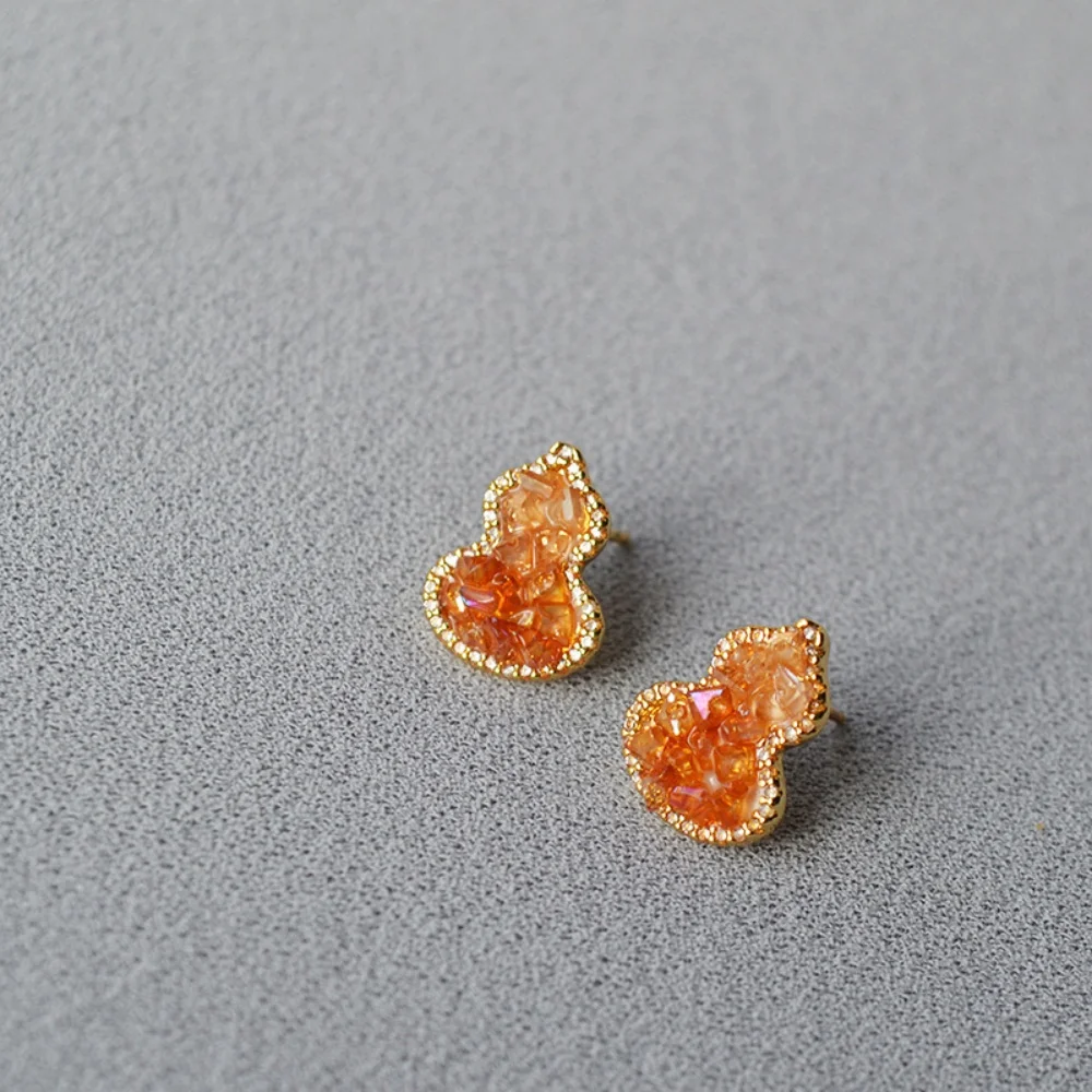 New Chinese Style Gradient Orange Glass Crystal Paved Gourd 925 Silver Needle Stud Earrings Minimalist Jewelry for Women