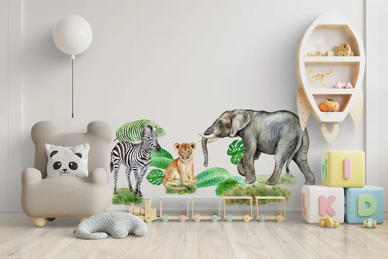 Safari wall stickers, nursery wall decal, Big Animal Watercolor Wall Decal Set for kids, removable cute safari animals, Lion wal