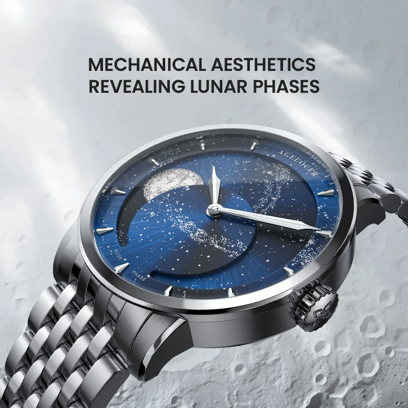 AGELOCER Original Astronomer Watch Steel Strap Men's Luxury Automatic Mechanical Moon Phase Watch Birthday Gift for Men
