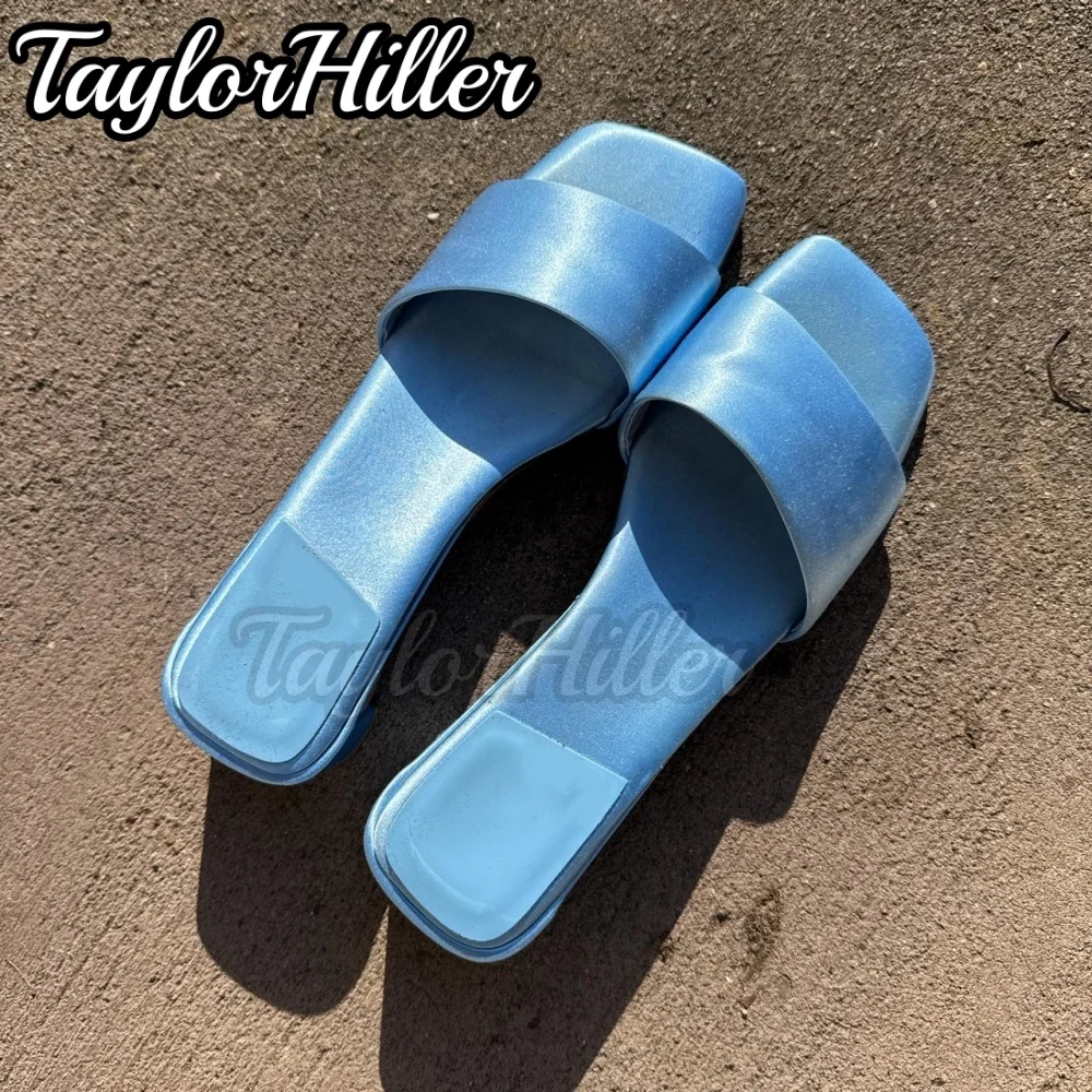 

Summer Light Blue Satin Mule Sandals Square Toe Slip On Candy Color High Heels White Pink Silver Women Holiday Beach Slippers