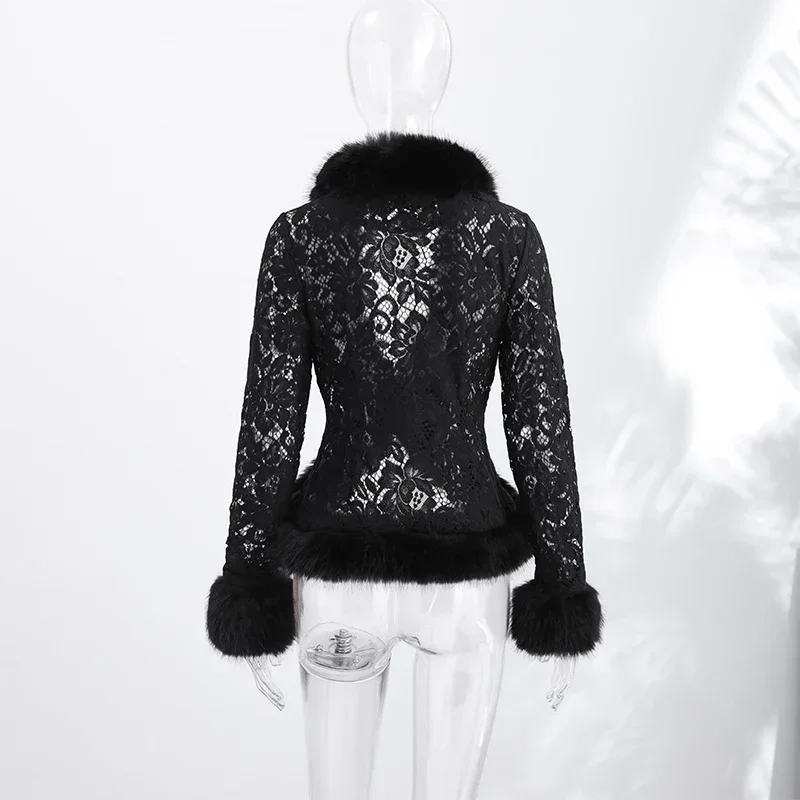 V-Ausschnitt Kurze Kunstpelzjacke für Damen in Schwarz, mit Lochmuster, Spitze, langen Ärmeln, schmal geschnitten, für Herbst und Winter, modische Damenjacke 2026 – Detail 2
