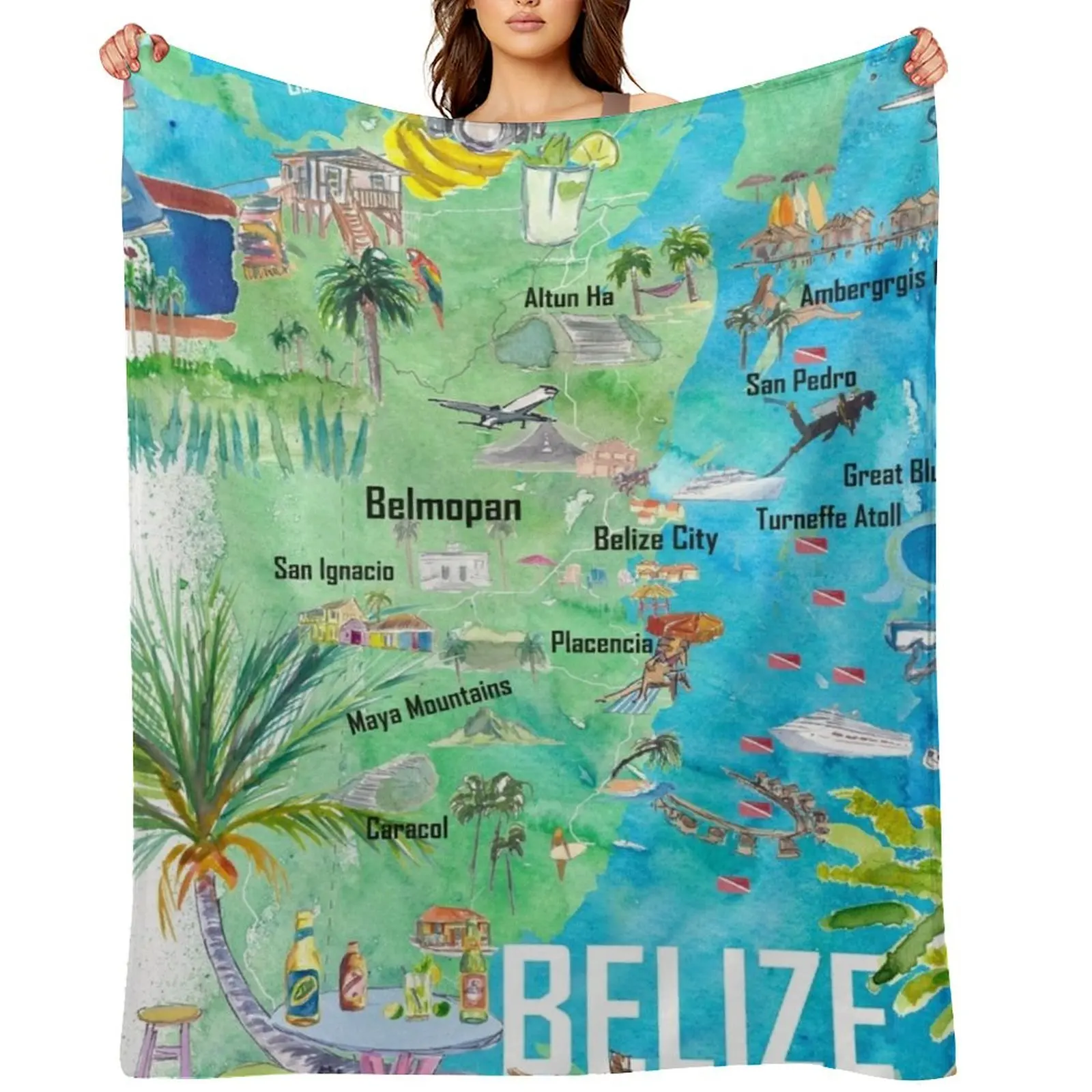 

Belize Caribbean Illustrated Travel Map with Roads and Tourist Highlights Throw Blanket Thermals For Travel for babies Blankets