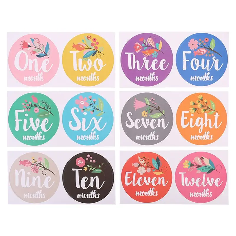 

1-12 Months Baby Monthly Milestone Sticker Baby Photography Props Photo Stickers Flower Plants Photographic Props