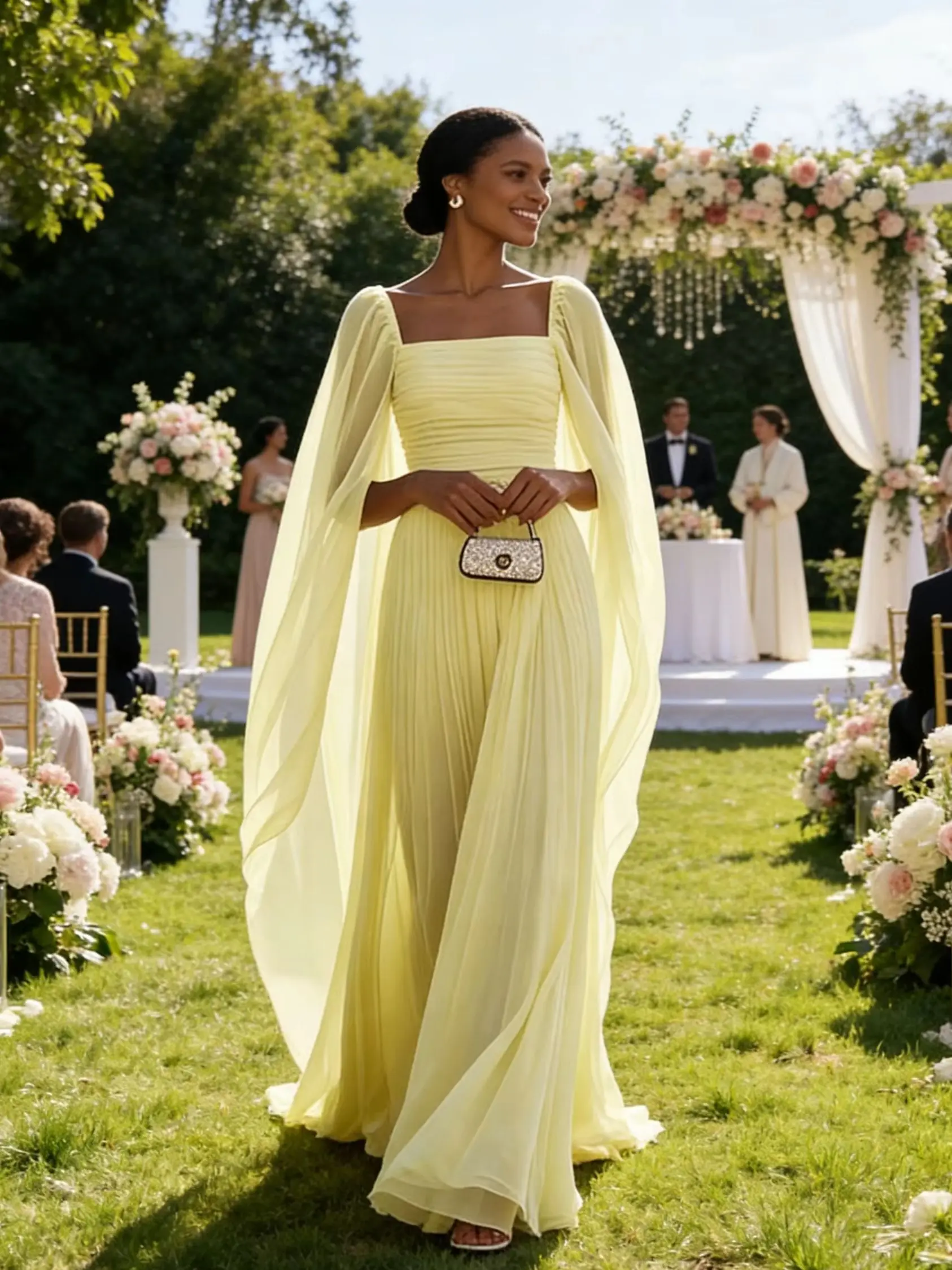 Krisstargirls Women's Pleated Shawl Maxi Dress Tulle Princess Prom Gown Square Neck Elegant Yellow Pink Blue Evening Party Dress