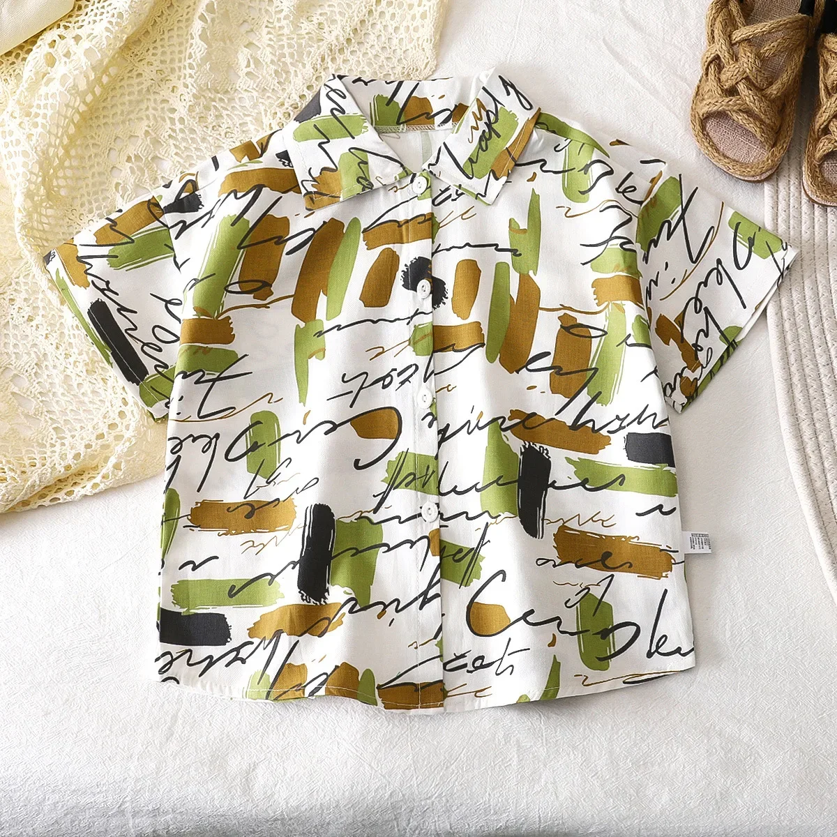 New 2025 Boys Summer Thin Beach Shirts Children's Cartoon Striped Letter Print Short Sleeve Lapel Shirt Top Kids Casual Clothing