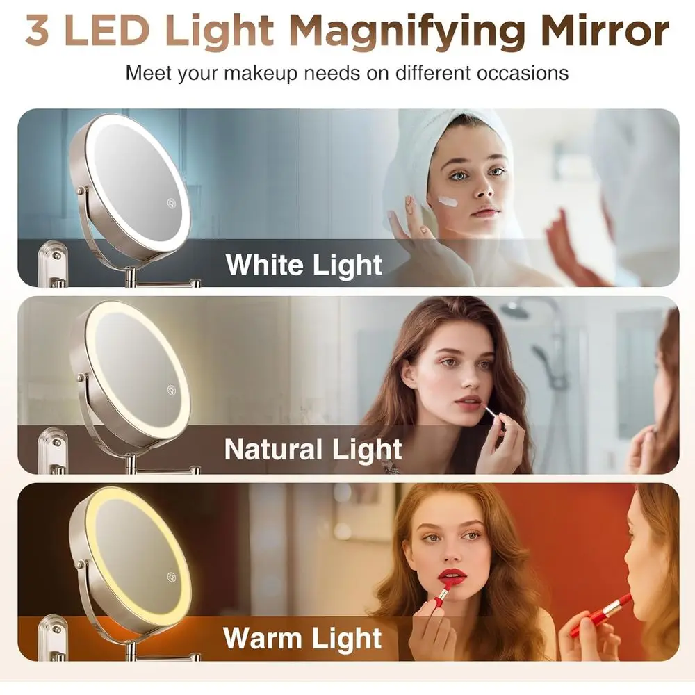 Doppelseitiger, mit LED beleuchteter Schminkspiegel, 360° °   Dreharm, 3 Farbmodi, verstellbare Vergrößerung, Oberfläche aus gebürstetem Nickel