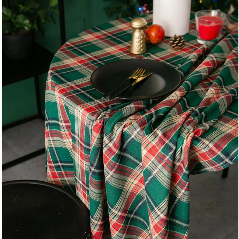 VIKAMA Christmas Plaid Round Tablecloth Retro Red Navy Tartan Waterproof Stain Resistant Holiday Dining Table Cover