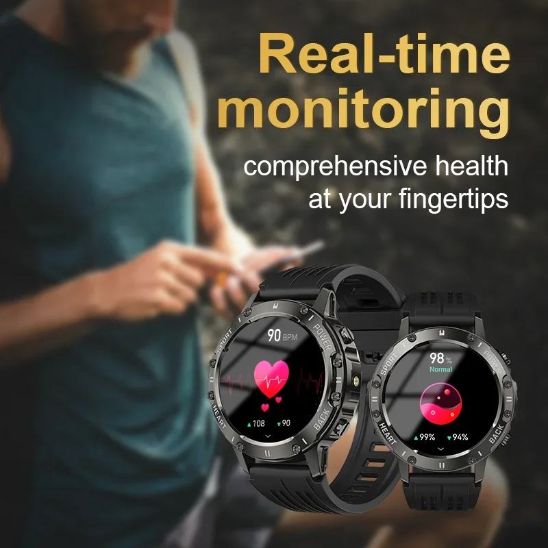 Outdoor waterdicht smartwatch met zaklamp Gezondheidsmonitoring Oefening Tracking Bluetooth Oproep Voice Assistant Android Apple