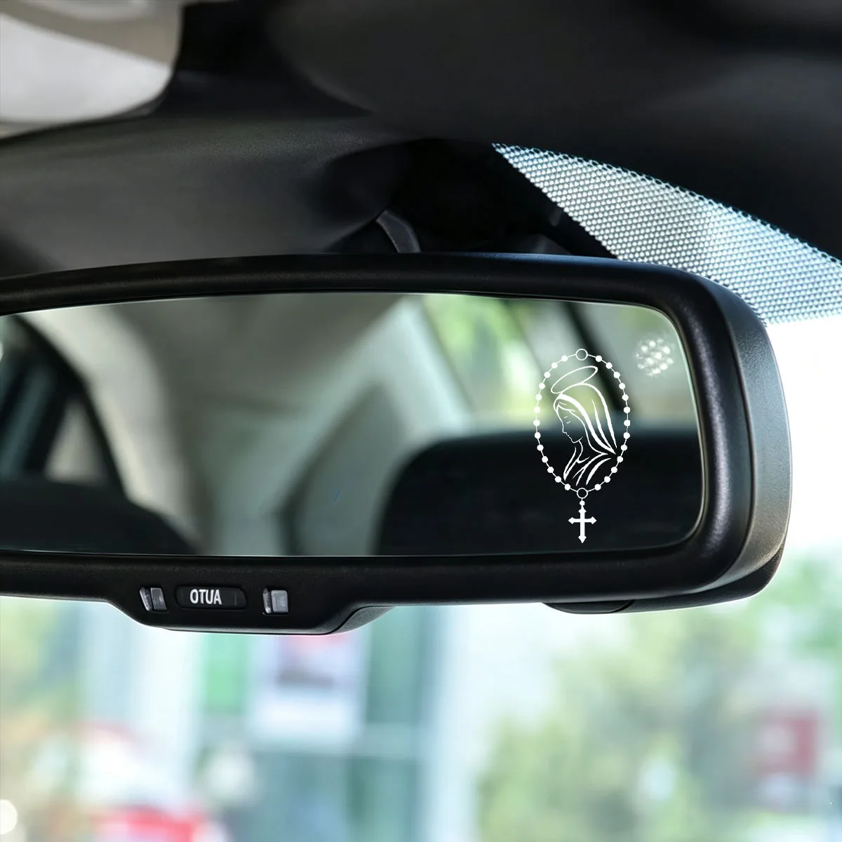 Virgin Mary Rosary Cross Car Sticker, Religious Faith Decal for Car Rearview Mirror Window, Universal Fit