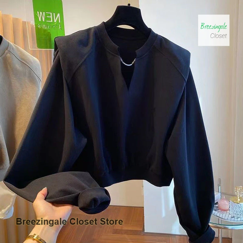 Französischer Stil V-Ausschnitt Schulterpolster kurzer Pullover Damen Frühling und Herbst neue Mode lässig lockeres Nischen-Bottom-Shirt