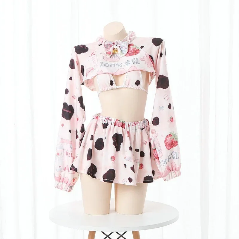 Anime Maid Outfit Cosplay Uniform Pink Lolita Dresses Cow Girl Strawberry Long Sleeve Hollow Out Bikini Skirt Tops Set Costumes