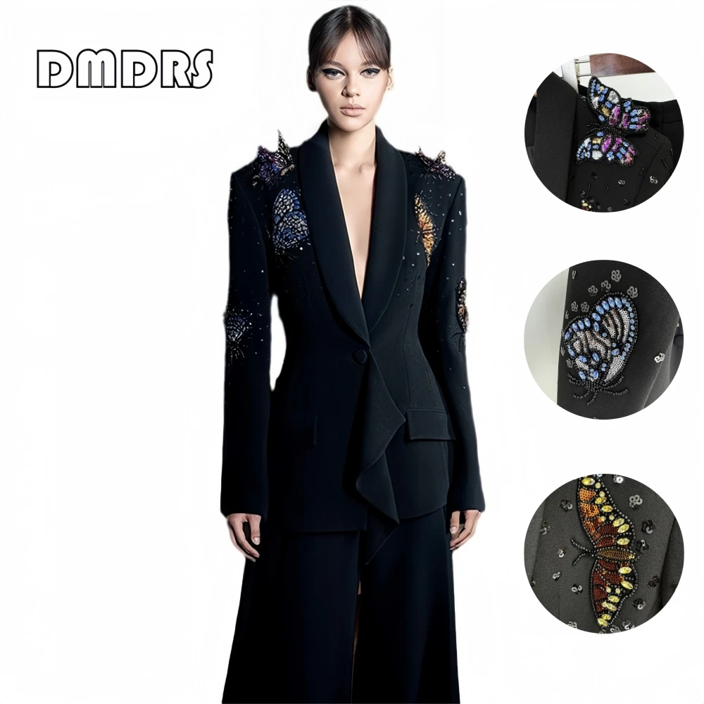 

3D Beaded Butterfly Suit Set for Women, High Street Women's 2-Piece Suit Pants Set, One Button, Real Images, Costume Tuxedo