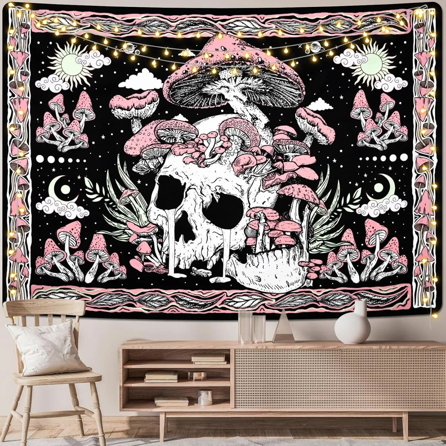 Dark Fantasy Tapestry Skeleton Mushroom Starry Sky Guest Tapestry Hanging Tarot Card Hippie Wallcloth Dormitory Home Decoration