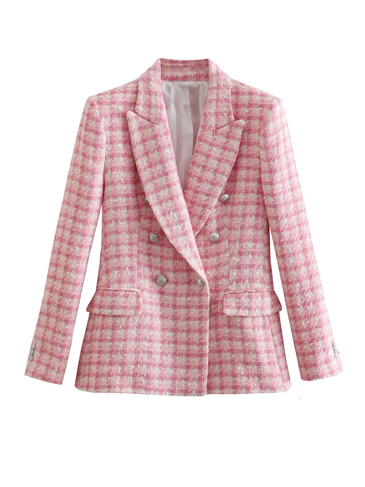 Pink Check Tweed Blazer for Women, Retro Button, Long Sleeve, Pocket, Elegant Jacket, Fashion Top, Designer, 2024