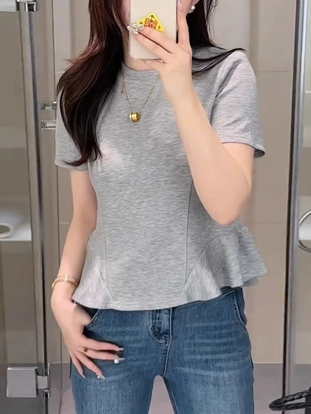 Korean Style Ruffle Hem Short Sleeve Slim Fit T-Shirt Women's Summer plus Size Fashionable Casual round Neck Top
