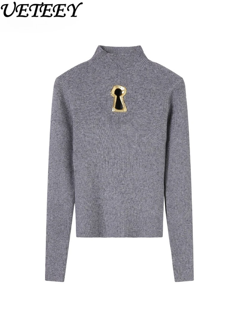 

Осень-зима, новый высококачественный вязаный свитер с металлической пряжкой и полуводолазкой для женщин, облегающая универсальная базовая рубашка с длинными рукавами