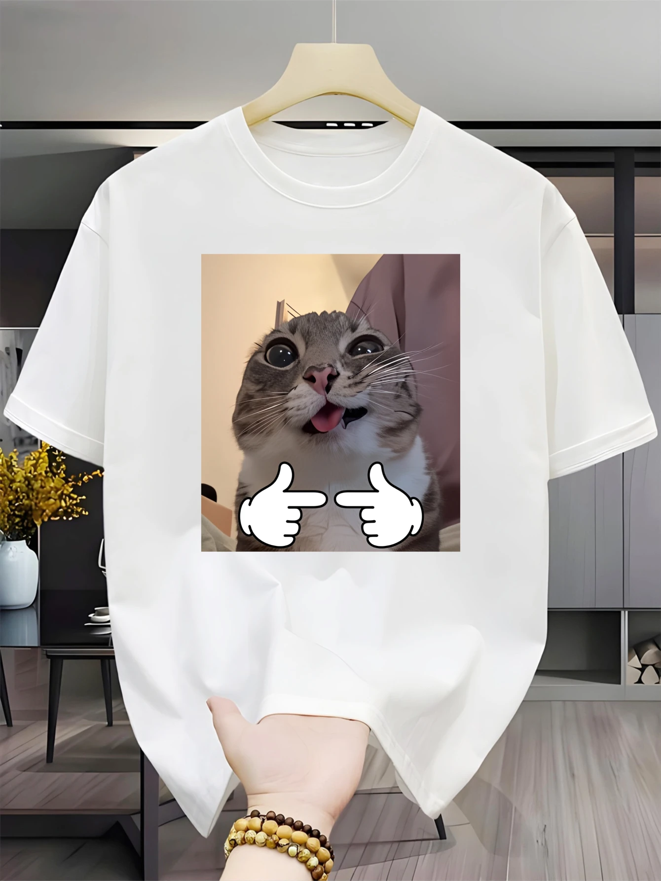 Surprised Pointing Cat Meme Graphic T Shirt For Men Funny Kitty Crew Neck Tee Humorous Pet Theme Casual Male Daily Outfit Tops
