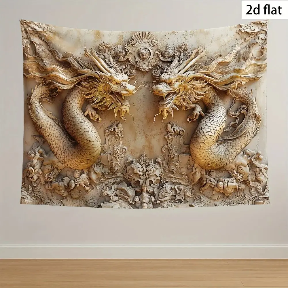 VIKAMA Chinese Dragon Tapestry Double Gold Dragon Pattern Oriental Wall Art for Living Room Home Decor