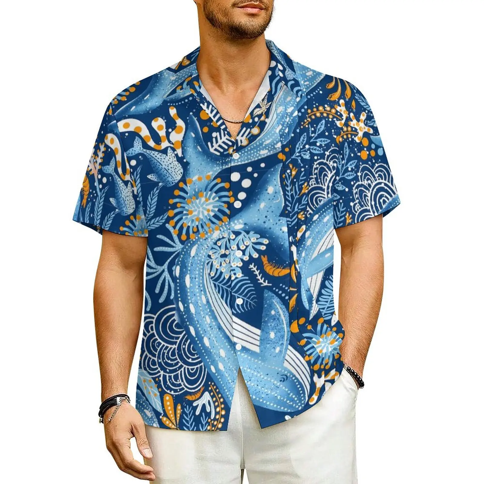 

Whale Lagoon Hawaiian Shirt For Men Vacation Blue Animal Casual Shirts Short Sleeves Fashion Graphic Vintage Plus Size Blouses