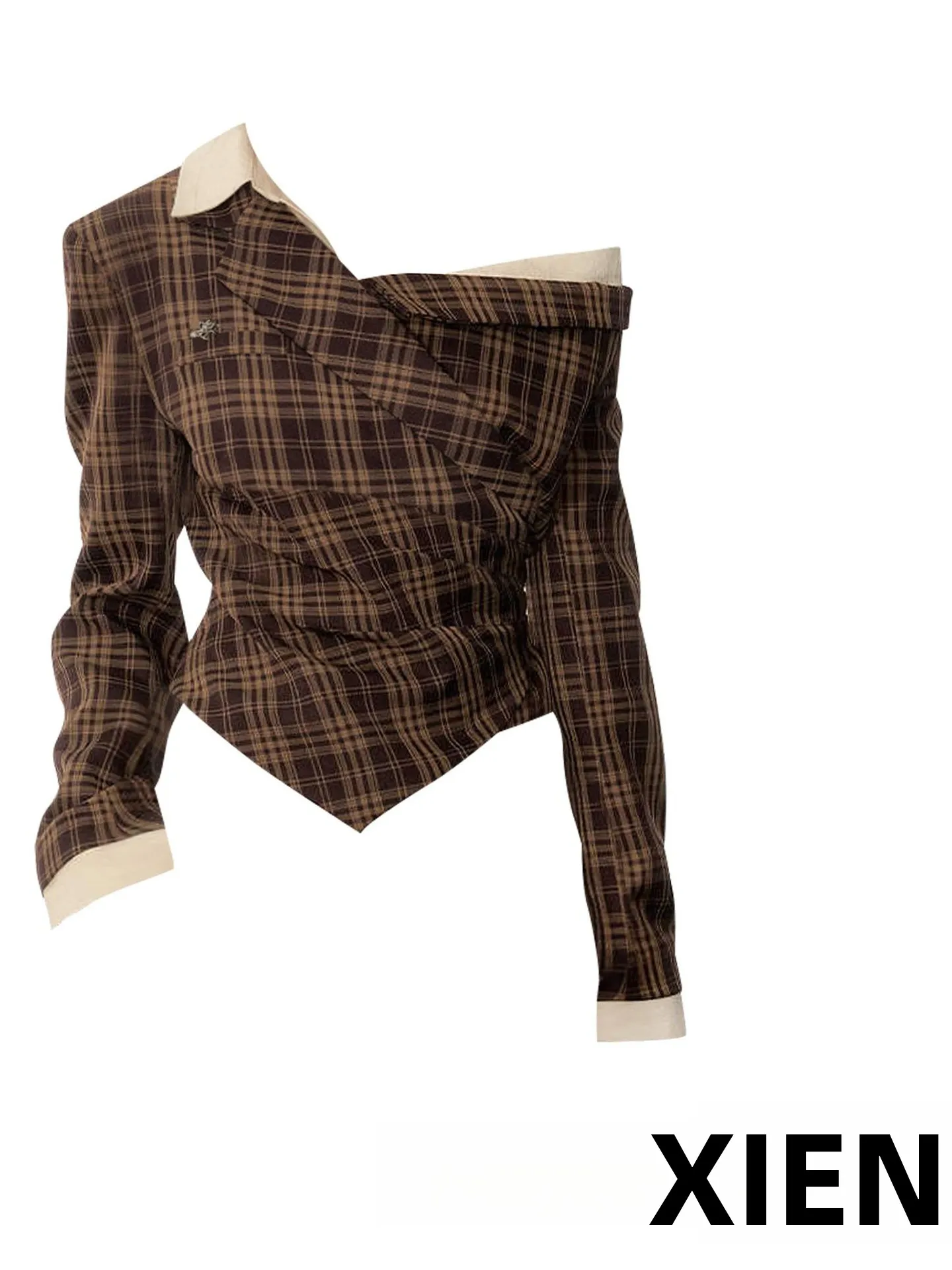 

American Style Plaid off Shoulder Long Sleeve Shirt Women's Slimming Beautiful Top Design Sensation Autumn New Style