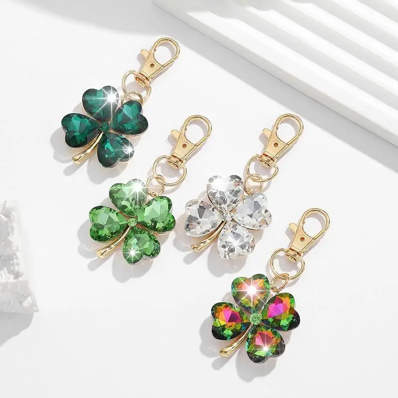 Luxury Fashion Glass Four-Leaf Clover Shape Keychain Pendant Accessory, Perfect For Women's Car Keys, Bags, And Gift Giving