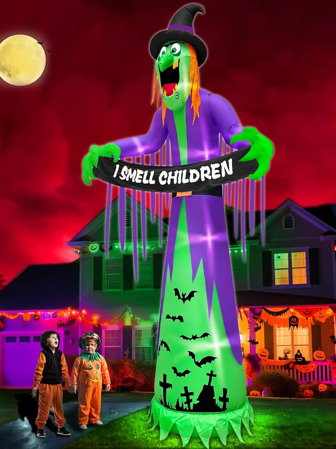 Giant 12FT Halloween Inflatable Witch Outdoor Garden Decoration with LED Lights Scary Witch Holds I Smell Children Banner