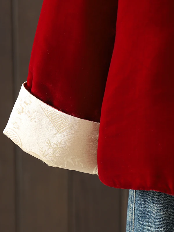 ชุดจีนโบราณผู้หญิงผ้าไหมกำมะหยี่ผสมฝ้าย ดีไซน์ศิลปะย้อนยุค ปรับปรุงสไตล์ถัง ชุดฤดูหนาวแขนยาว คอกลม