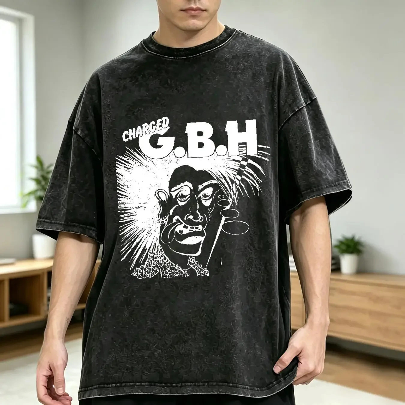 washed T Shirt Rare Charged GBH Music Band Cotton Black S 4XL 2A031 long or short sleeves vintage Washed fashion Stretched