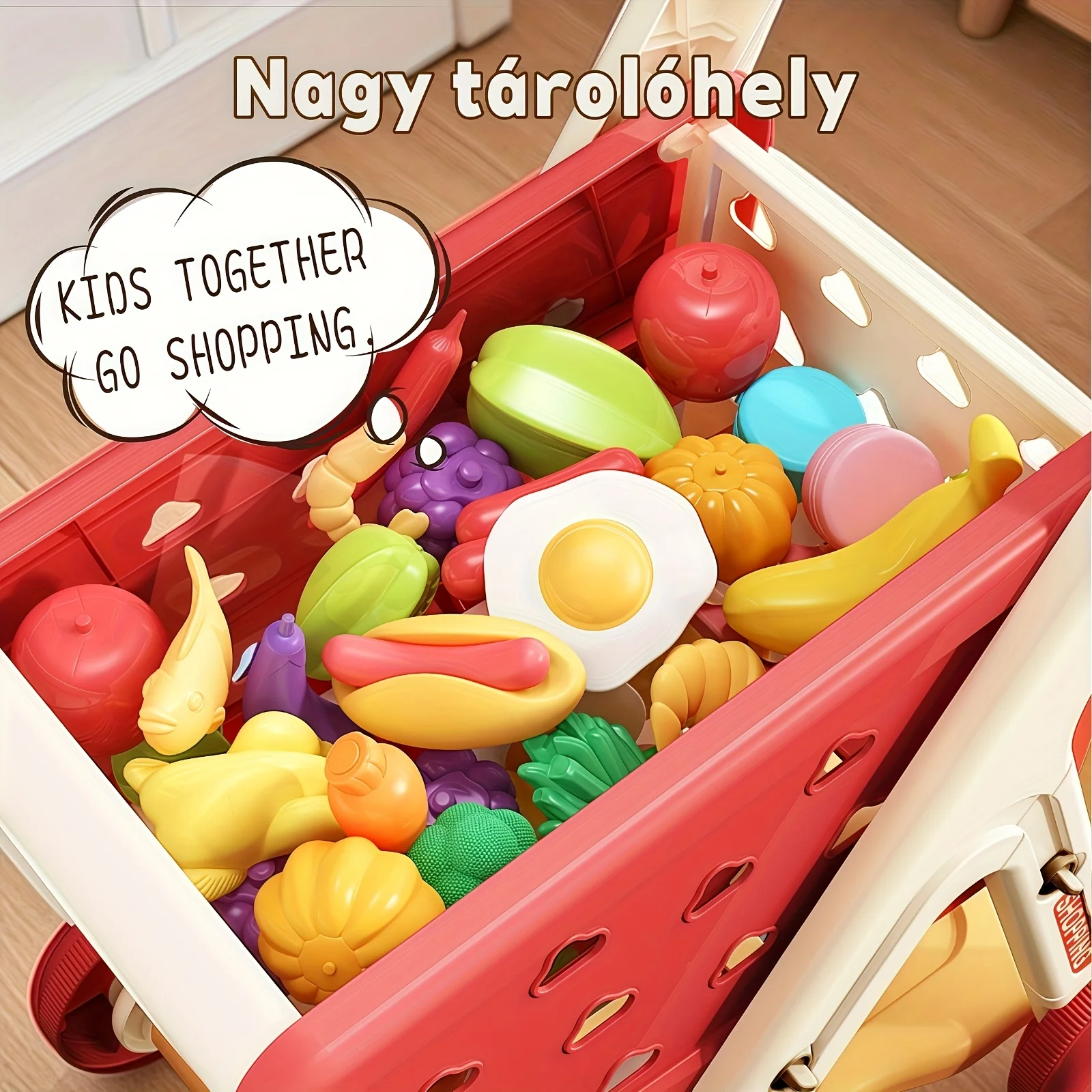 

Эта реалистичная игрушечная тележка для покупок, которая нравится детям, снабжена разнообразными красочными аксессуарами.