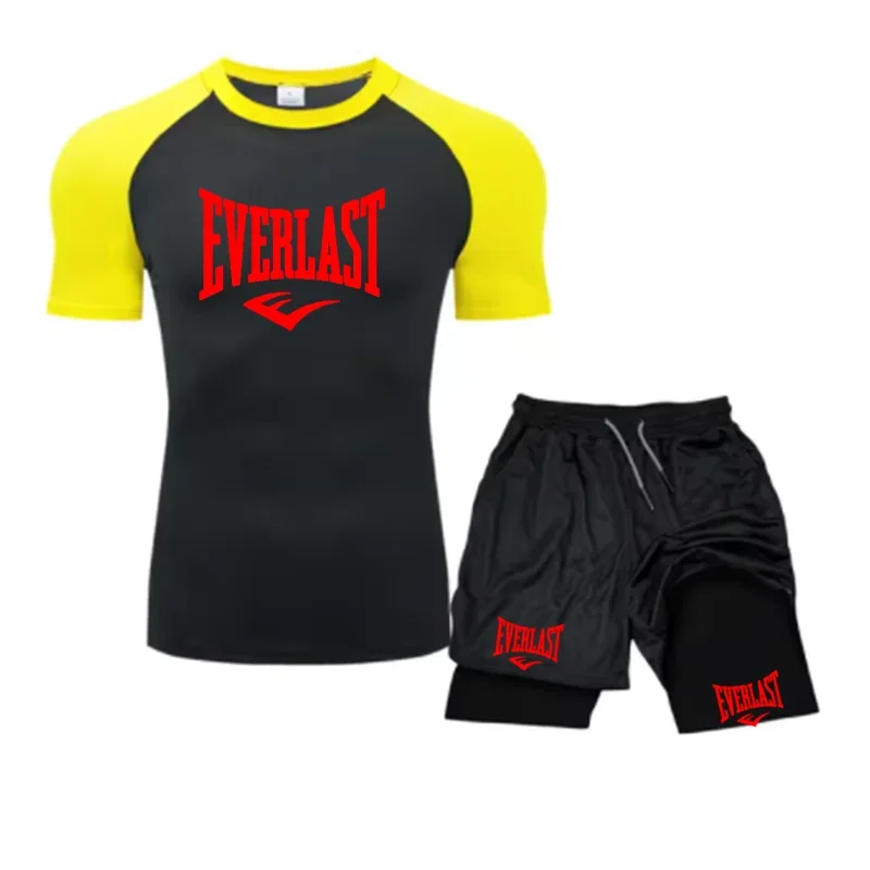 EVERLAST เสื้อบีบอัดผู้ชาย + 2-in-1 กางเกงขาสั้นกีฬา 2 ชิ้นชุด Leisure Breath แขนสั้นกีฬา Jogging GYM ยี่ห้อพิมพ์เสื้อผ้า