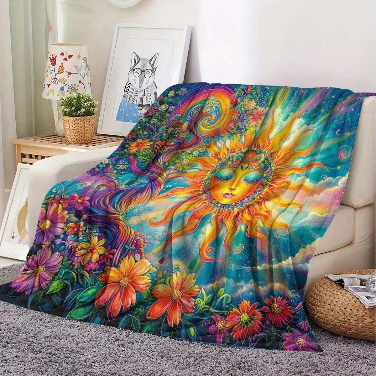 Colorful Sun Pattern Flannel Small Blanket Soft Warm Blanket, Suitable for Sofa Blanket, Home Leisure Blanket, Air-Conditioning