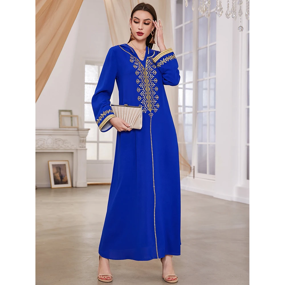 Moroccan Gulf Abayas Eid Long Dress for Women Royal Blue Dubai Luxury Gold Embroidery Kaftan Caftan Marocain Abaya