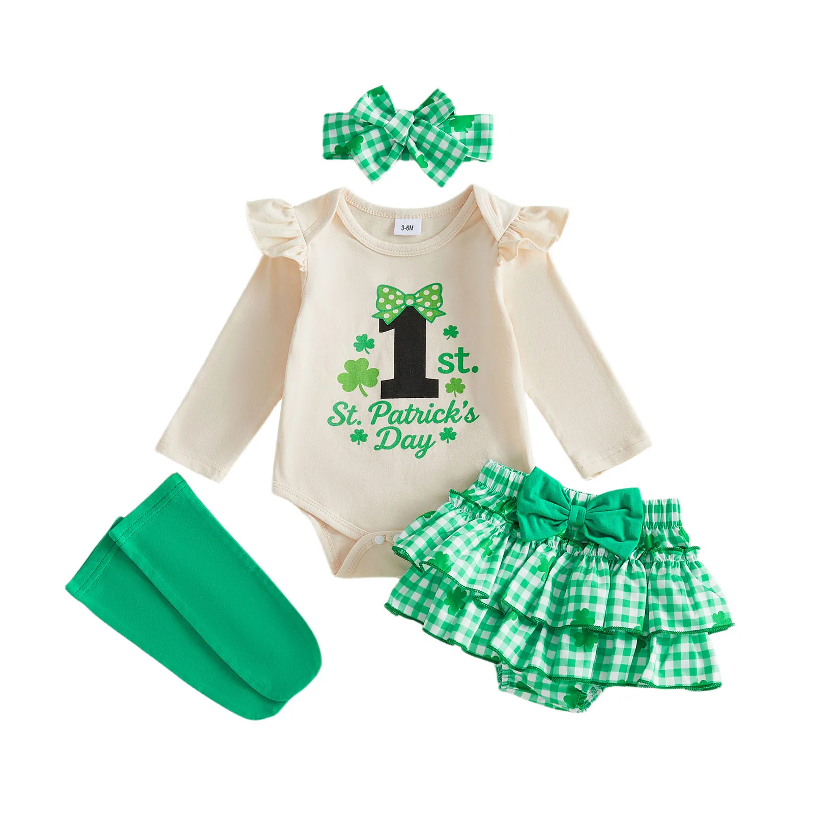 

Baby Girl Irish Outfits Clover Letter Print Crew Neck Long Sleeve Romper Plaid Ruffles Shorts Headband Socks 4Pcs Clothes Set
